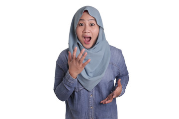 Wall Mural - Cute Muslim Lady Shows Shocked Surprised Face with Open Mouth