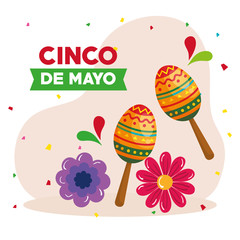 Wall Mural - cinco de mayo poster with maracas and flowers decoration vector illustration design