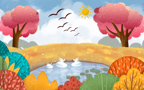 Painted pond with swans, colorful trees, bright sun in the sky