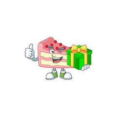 Poster - Smiley strawberry slice cake cartoon character holding a gift box