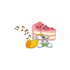 Wall Mural - A brilliant musician of strawberry slice cake cartoon character playing a trumpet