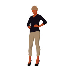 Wall Mural - Woman standing with hand on hip, isolated geometric flat design illustration. Young woman with short blonde hair