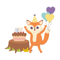  happy day, little fox with hat cake and balloons