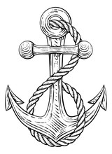 An Anchor From A Boat Or Ship With A Rope Wrapped Around It Tattoo Or Retro Style Woodcut Etching Drawing In A Vintage Style