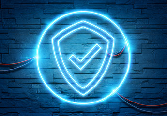 Wall Mural - web security neon icon illuminating a brick wall with blue and pink glowing light 3d rendering