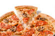 Pizza with shrimp and mushroom and slice with stretching cheese