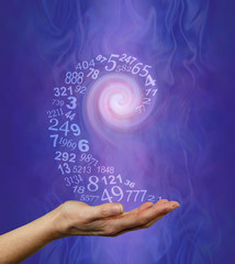 Vortexing Numerology Numbers  Concept Background  - a swirl of semi-transparent random numbers spirallin into the hand of a numerologist ready for a reading on purple blue gaseous ethereal background
