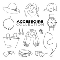 Wall Mural - Doodle set of Fashion Accessoires Collection – accessory, bag, beauty, handbag, luxury, jewelry, belt, chain watch, cap, earing, bangle, bracelet, scraf, bandana, hand-drawn. sketch illustration