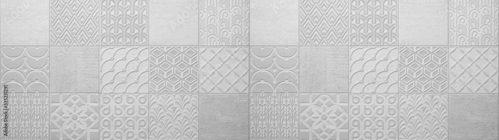 Gray bright vintage retro geometric square mosaic motif  cement concrete tiles texture background banner panorama - obrazy, fototapety, plakaty 