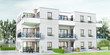 Concept et esquisse 3D d'un petit immeuble résidentiel moderne avec balcon et jardin