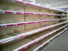 Empty Shelves In Supermarket Store Due To Coronavirus Covid-19 Outbreak Panic. Food Supply Shortage In Paris France