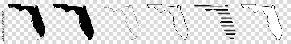 Florida Map Black | State Border | United States | US America | Transparent Isolated | Variations - obrazy, fototapety, plakaty 
