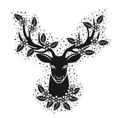 Deer head silhouette in blooming flowers. Design for t-shirt