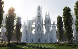 Medieval Fantasy Castle/Cathedral hidden in forest, Front View, Architecture Illustration, 3D Rendering