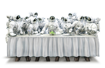 last supper in space / 3d illustration of funny surreal science fiction scene with astronauts gather
