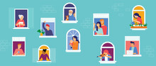 Stay At Home, Concept Design. Different Types Of People, Family, Neighbors In Their Own Houses. Self Isolation, Quarantine During The Coronavirus Outbreak. Vector Flat Style Illustration Stock