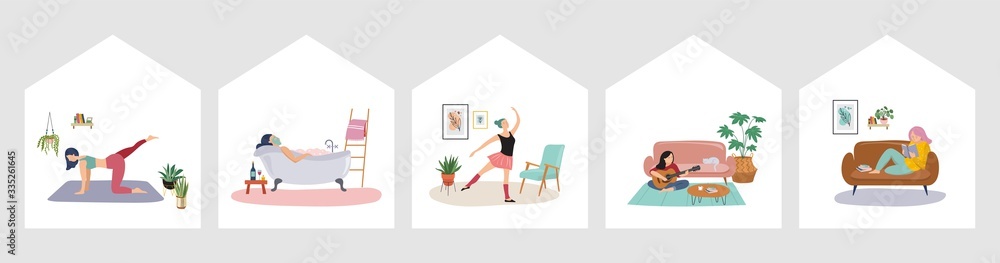 Quarantine, stay at home concept series - people sitting at their home, room or apartment, practicing yoga, enjoying meditation, relaxing on sofa, reading books, baking and listening to the music - obrazy, fototapety, plakaty 