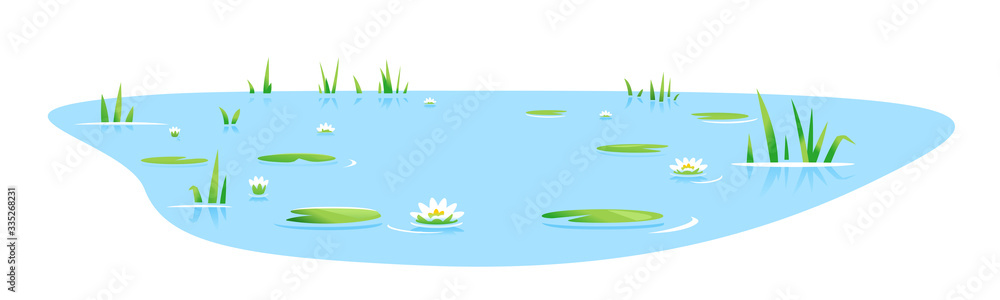 Small blue decorative pond with bulrush plants and white water lilies isolated, lake plants nature landscape fishing place, decorative pond in landscape design garden - obrazy, fototapety, plakaty 