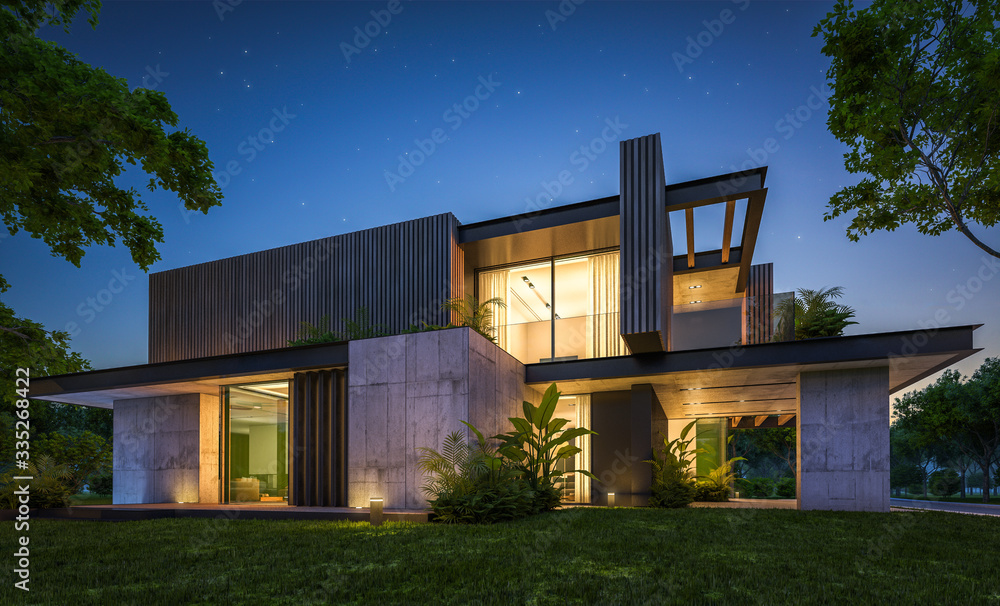 3d rendering of modern cozy house with parking and pool for sale or rent with wood plank facade and beautiful landscaping on background. Clear summer night with many stars on the sky. - obrazy, fototapety, plakaty 