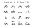 Bicycle types vector linear icons set. Outline symbols pack with editable stroke. Collection of simple 16 bicycle types icons isolated contour illustrations.  bmx,  touring, dirt, female bike.