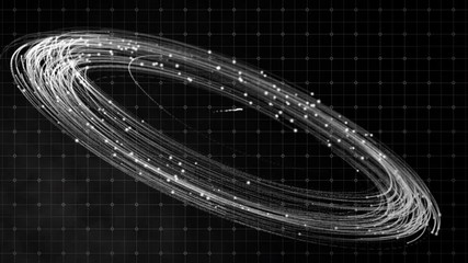 Wall Mural - 3D Digital black and white orbit in space. Smart online wireless network connection futuristic technology and AI stock finance business trading concept abstract background with copy space for text.