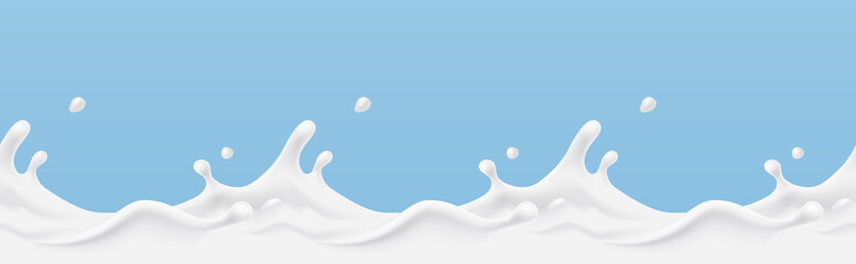 Wall Mural - milk splash seamless pattern. 3d realistic yogurt wave border on blue background. vector milky packa