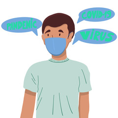 Wall Mural - Protection against contagious disease, coronavirus. Man wearing hygienic mask to prevent infection, airborne respiratory illness such as flu, 2019-nCoV.