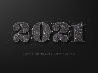 Black glitter 2021 on a black background. Happy New Year grating card.