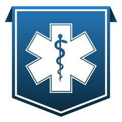 Wall Mural - Star of Life medical emblem on blue tag ribbon banner icon isolated on white background.  EMS, First responder symbol. 