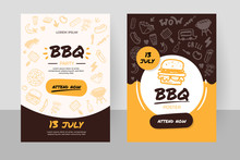 BBQ Online Order Doodle Banner With Grill Icons, Burger, Promotion Design, Restaurant Template
