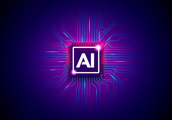 Vector Illustration Artificial Intelligence Technology Background With Cyber Chip And Letters AI.