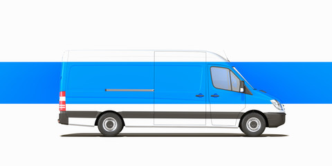 Wall Mural - White Van With Blank Blue Stripe On White Background. Fast Delivery In Quarantine Time. 3D Rendering