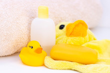 Baby Hygiene And Bath Items, Shampoo Bottle, Baby Soap, Towel, Yellow Duck Rubber Toy