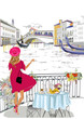 Set of Italy illustrations with fashion girls, cafes and musicians. Vector illustration.