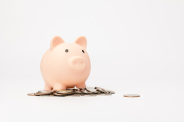 Pink piggy bank with Russian ruble coins close up.Pink piggy Bank isolated on white background. Concept of savings.