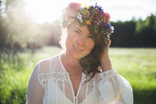 Woman With Floral Wreath For Swedish Midsummer