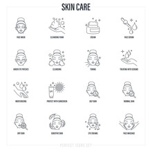 Skin Care: Facial Mask, Cleansing Foam, Face Serum, Moisturizer, Under Eye Patches, Toning, Skin Treatment, Spf, Facial Massage. Thin Line Icons Set. Vector Illustration.