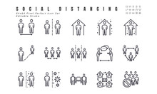 Simple Set Of Social Distancing, Coronavirus Disease 2019 Covid-19 Line Icons Such Icons As Stay Home, Quarantine, Work From Home, Avoid Crowded Place. 64x64 Pixel Perfect Editable Stroke Vector.