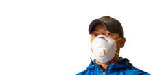 An Adult Male Worker Is Wearing An N95 Respirator Mask And Looking Into The Camera Lens. White Background For Copy Space.