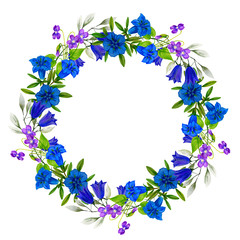 Wall Mural - Wild flowers wreath with gentian and viola, hand drawn watercolor