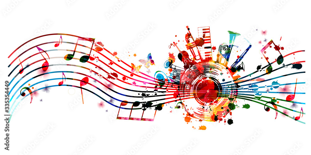 Music background with colorful music instruments and vinyl record disc vector illustration. Music festival poster with double bell euphonium, violoncello, trumpet, piano, euphonium, sax and guitar - obrazy, fototapety, plakaty 