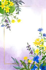 Wall Mural - Field flowers and herbs watercolor greeting card template