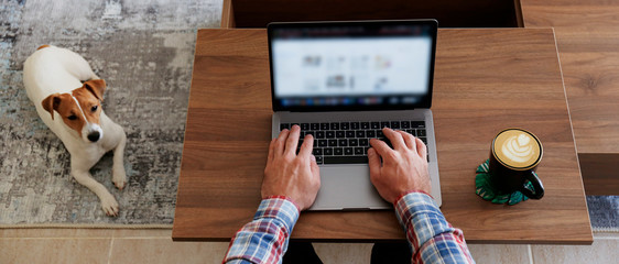 Cropped shot of unrcognizable man sitting on the couch, using laptop, browsing the web, drinking hot beverage. Working from home during self isolation period concept. Close up, copy space, background.