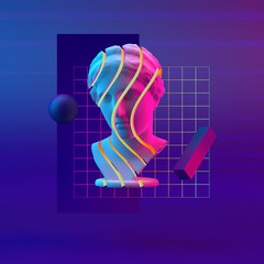 Wall Mural - 3d-illustration abstract composition of bust and primitive objects on violet background