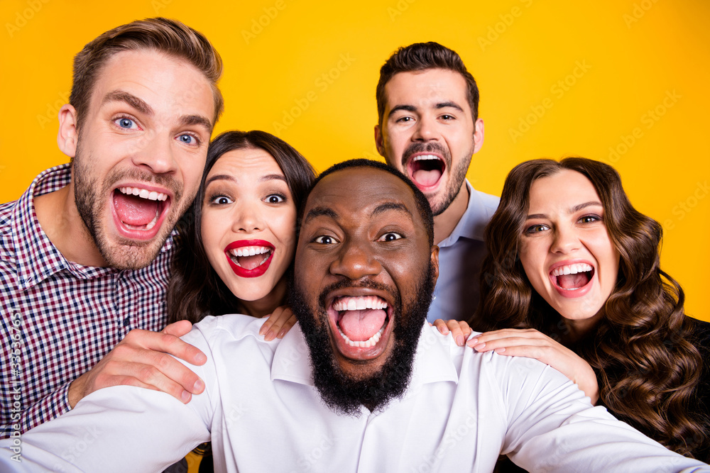 Closeup photo of gorgeous ladies guys five members company students graduation party best friends buddies make take selfies positive emotions expression isolated yellow color background - obrazy, fototapety, plakaty 