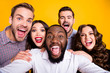 © deagreez - Closeup photo of gorgeous ladies guys five members company students graduation party best friends buddies make take selfies positive emotions expression isolated yellow color background