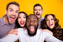 Closeup Photo Of Gorgeous Ladies Guys Five Members Company Students Graduation Party Best Friends Buddies Make Take Selfies Positive Emotions Expression Isolated Yellow Color Background
