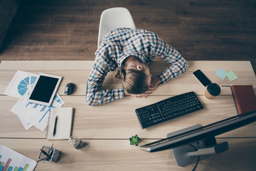 Sticker - High angle above view photo of business guy computer monitor day and night reliable secretary fell asleep working place tired wear casual shirt sit modern office indoors