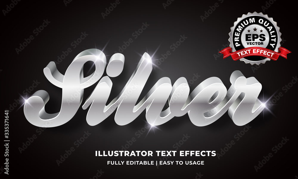 Silver Metallic Script Editable Metallic Silver 3d Text Effect Stock Vector | Adobe Stock