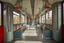 Berlin,Germany, 3 April 2020. Empty Train With Coronavirus Signs During Epidemic And Quarantine Of Covid-19
